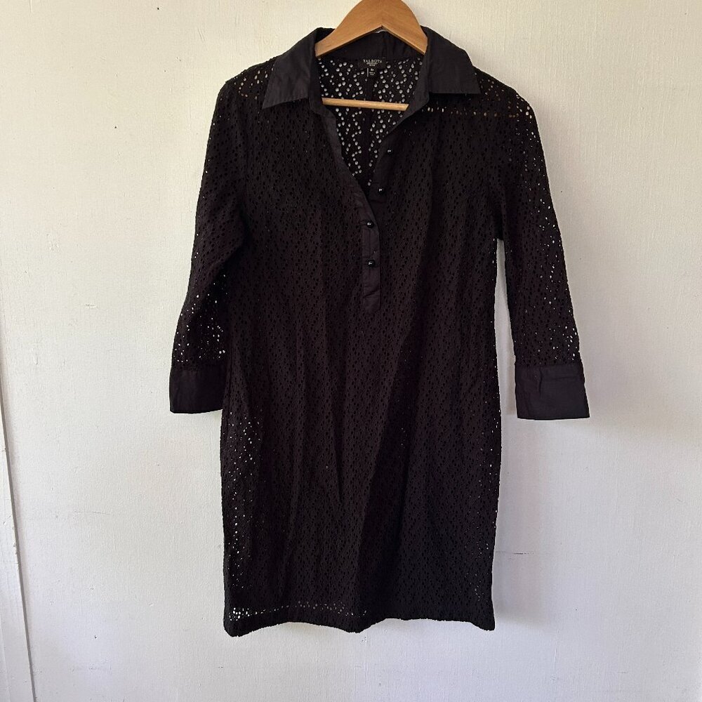 Talbots Swim Coverup Womens 8 Petite Black Mesh‎ Collared 1/4 Button Pullover